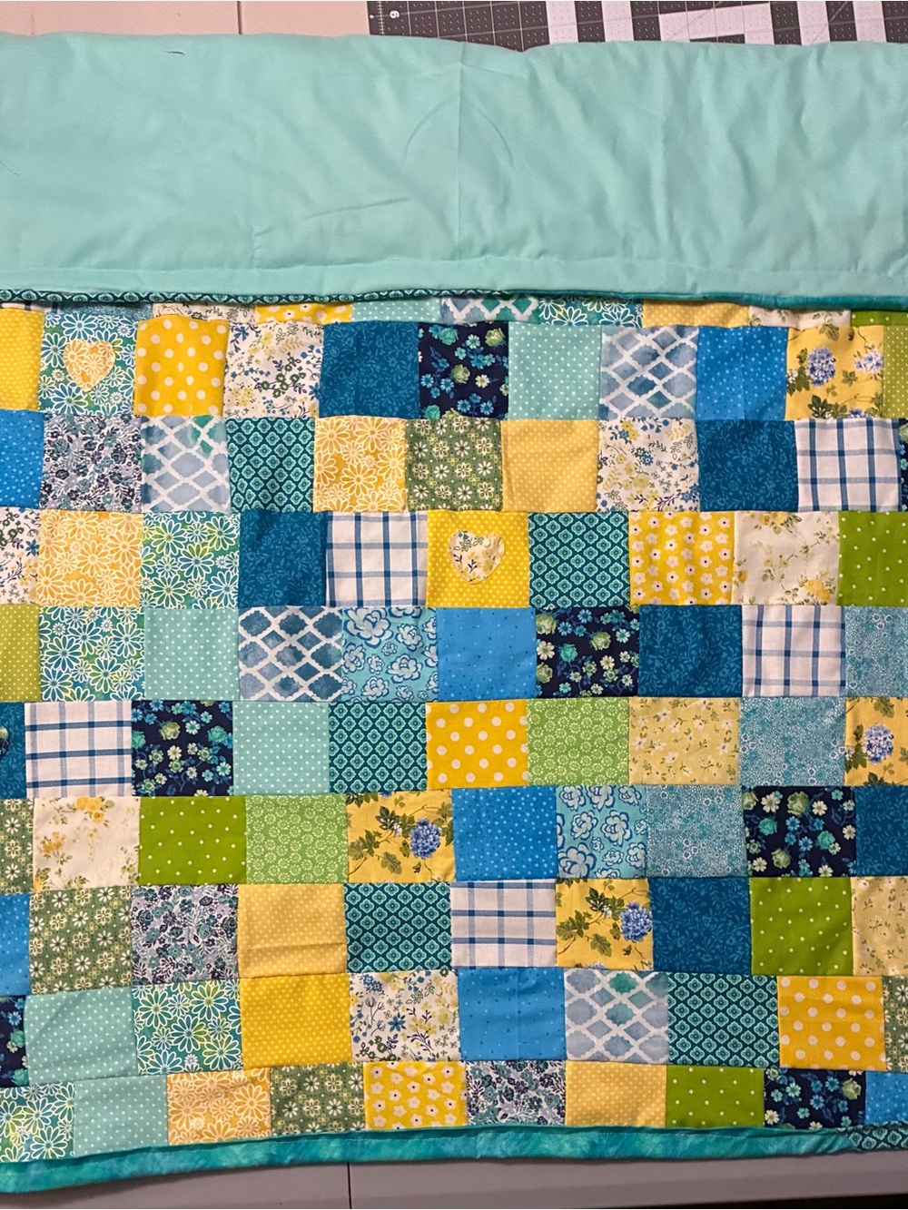 Handmade Patchwork Quilt in Blue, Yellow & Green - Cozy Home Bedding - Picture 2 of 2